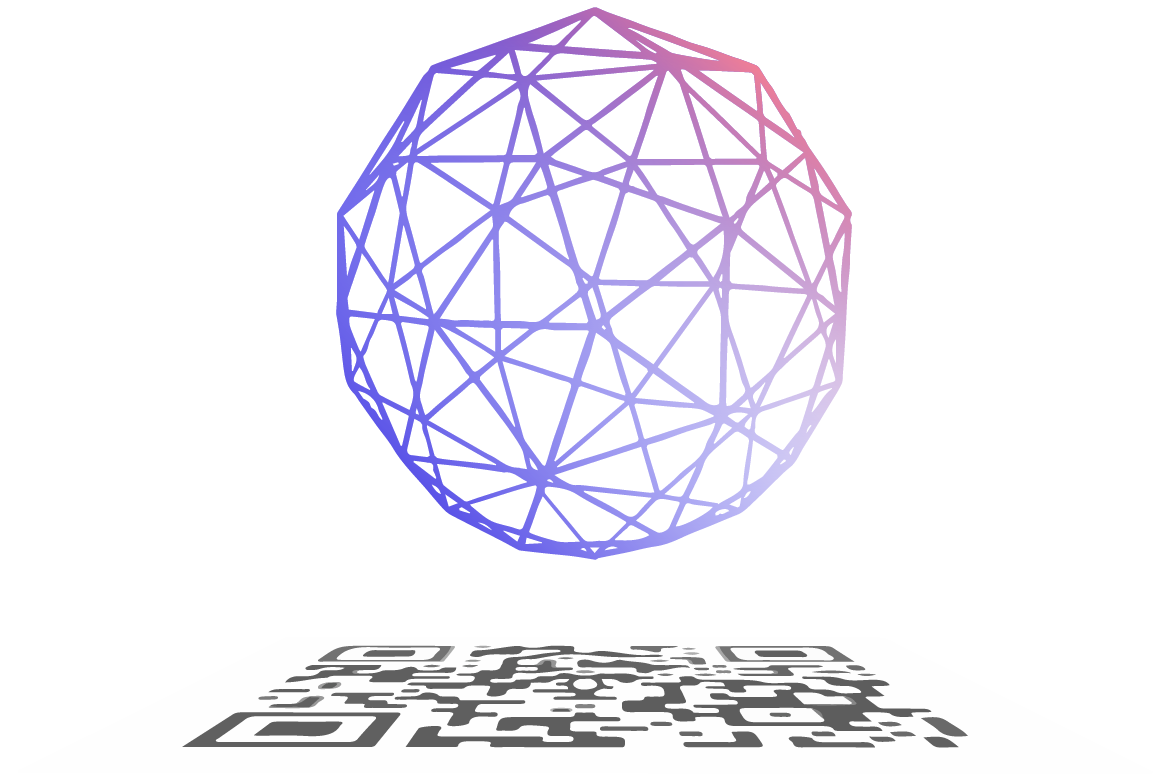 Image of a 3d model wireframe sphere floating over a QR code
